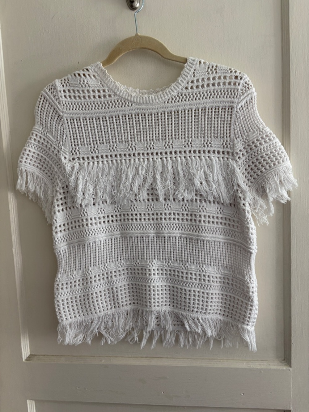 Rebecca Minkoff White Crochet Fringe Short Sleeve Top